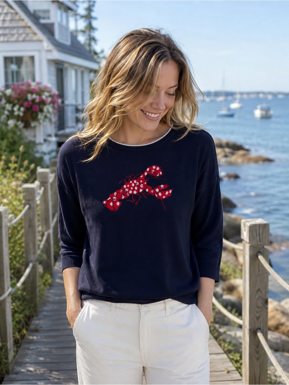 Talbots Lobster Intarsia Navy Blue Pullover Sweater Size Large - Picture 1 of 5